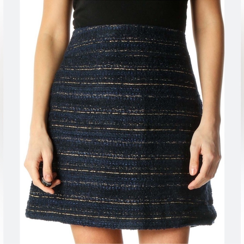LOFT Dark Blue Textured A-line Mini Skirt with Metallic Gold Threading Size 2